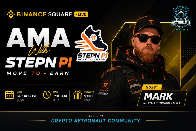 Promotional graphic for an AMA with STEPN Pi featuring guest Mark (STEPN Pi Community Lead), hosted by Crypto Astronaut Community on Binance Square Live on 14th August 2026 at 7:00 AM UTC with a $100 USDT reward pool. The image visually supports the announcement by displaying the event details, branding, and featuring a masked guest against a dark background with STEPN Pi and Binance logos.