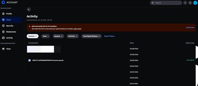 A screenshot of a Coinbase account activity page in dark mode, showing transaction history, a notification to add cost basis info for 10 transfers, and a notice that $54,488.93 income was earned.