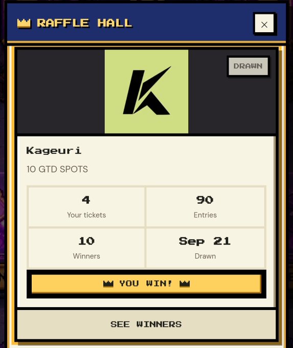 A 'Raffle Hall' results screen showing a win for 'Kageuri' with 4 tickets and 90 entries, marking 10 winners drawn on Sep 21, with a prominent 'YOU WIN!' button.