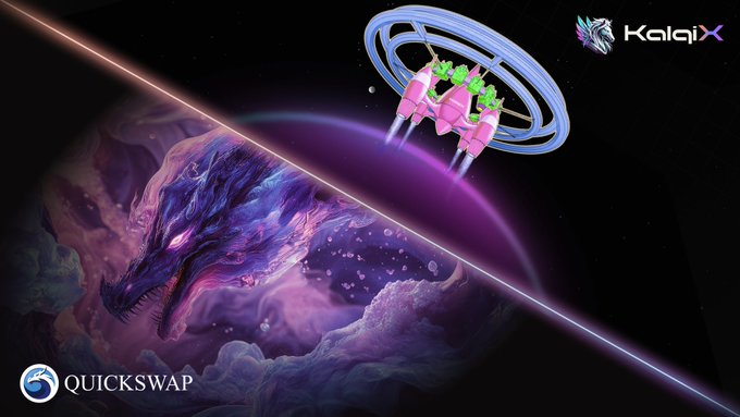 A cosmic dragon looms within a purple nebula while a futuristic spacecraft launches toward it, set against a starry backdrop featuring the "KalqiX" and "QUICKSWAP" logos to visually represent QuickSwap becoming the first AMM to launch on the KalqiX protocol with Avail Project integration.