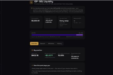 A dark dashboard for 'CIP - SOL Liquidity' displaying token metrics including $402.18, 10.09%, and $15,500, along with pool details.