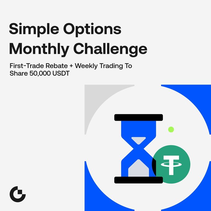 Promotional graphic for the "Simple Options Monthly Challenge" offering a First-Trade Rebate plus Weekly Trading to share 50,000 USDT, featuring a blue hourglass and a green Tether (USDT) coin icon against a white and blue background with the company's "G" logo.