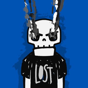 A cartoonish drawing of a skull-headed figure wearing a black shirt that says 'LOST' against a blue background, with paint-like streaks above its head.