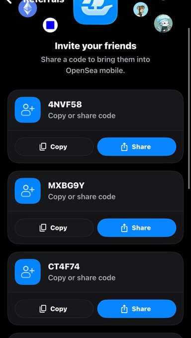 An OpenSea mobile app screen titled 'Invite your friends' with instructions to share a code, displaying invite codes 4NVF58, MXBG9Y, and CT4F74 with Copy and Share buttons.