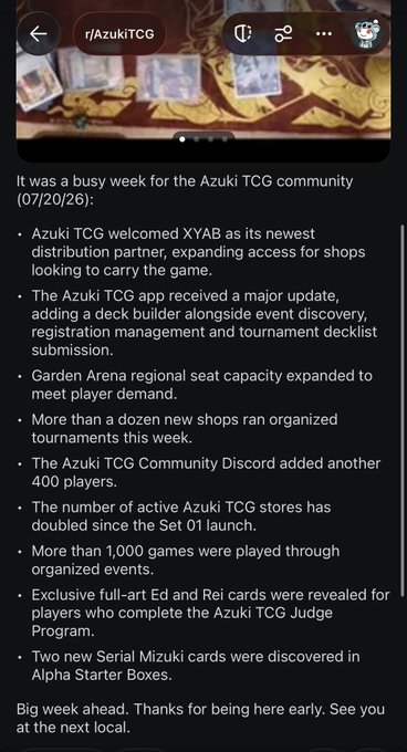 A screenshot of a social media post from r/AzukiTCG detailing a busy week for the Azuki TCG community including updates on XYAB distribution, app updates, tournament expansions, and new card reveals.