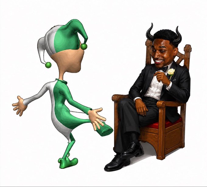 A cartoon jester in green and white dances next to a man in a black suit with horns and a white rose boutonniere sitting in a wooden chair.
