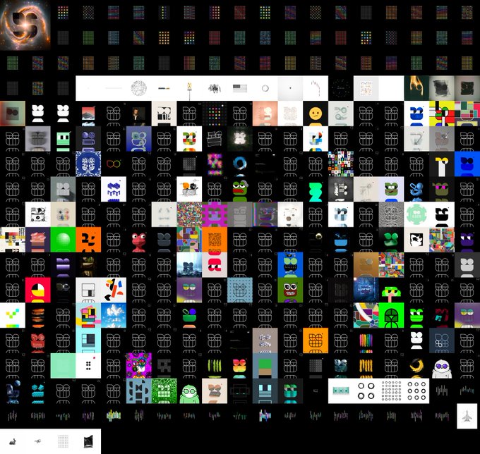 A dense grid collage of small digital images, icons, pixel art, and abstract patterns arranged against a black background.