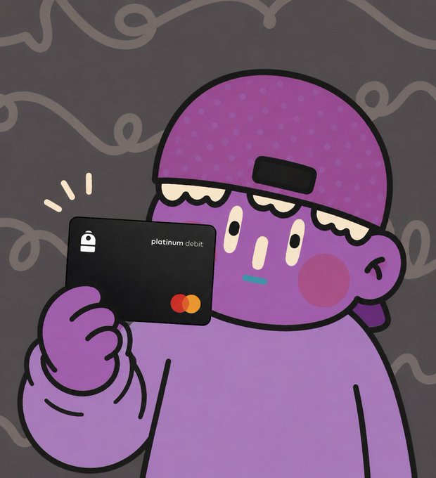 A cartoon purple character wearing a polka-dot cap holding up a black 'platinum debit' Mastercard with a confused expression on a dark patterned background.