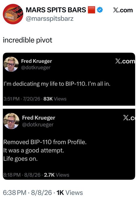 A screenshot shows crypto commentator Fred Krueger (@dotkrueger) posting "I'm dedicating my life to BIP-110. I'm all in" on 7/20/26, followed by a reversal on 8/8/26 stating "Removed BIP-110 from Profile. It was a good attempt. Life goes on." The image humorously illustrates the "Jim Cramer of Bitcoin" accusation by showcasing Krueger's dramatic flip-flop within less than three weeks.