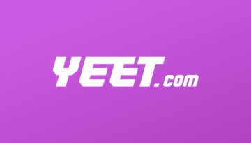 The image features a purple background with white text that reads "yeet.com". The text is capitalized, making it stand out against the purple backdrop. The layout of the text suggests that it might be part of an advertisement or promotional material for a website or service related to Bitcoin and cryptocurrency.