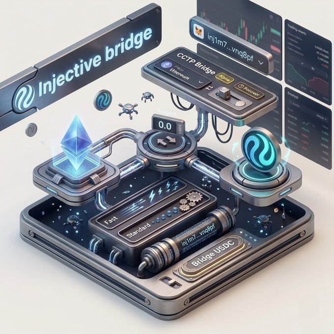 A stylized 3D illustration depicting an "Injective bridge" interface with elements labeled "CCTP Bridge," "Bridge USDC," and "Standard Fast" connecting various blockchain symbols like Ethereum and USDC.
