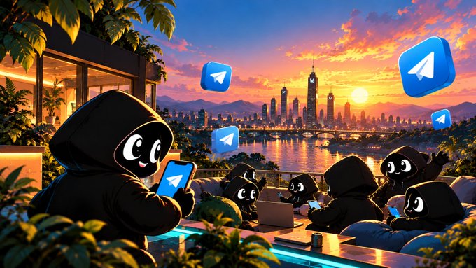 A digital illustration of hooded cartoon figures using phones displaying the Telegram logo, gathered on a rooftop overlooking a city skyline at sunset.