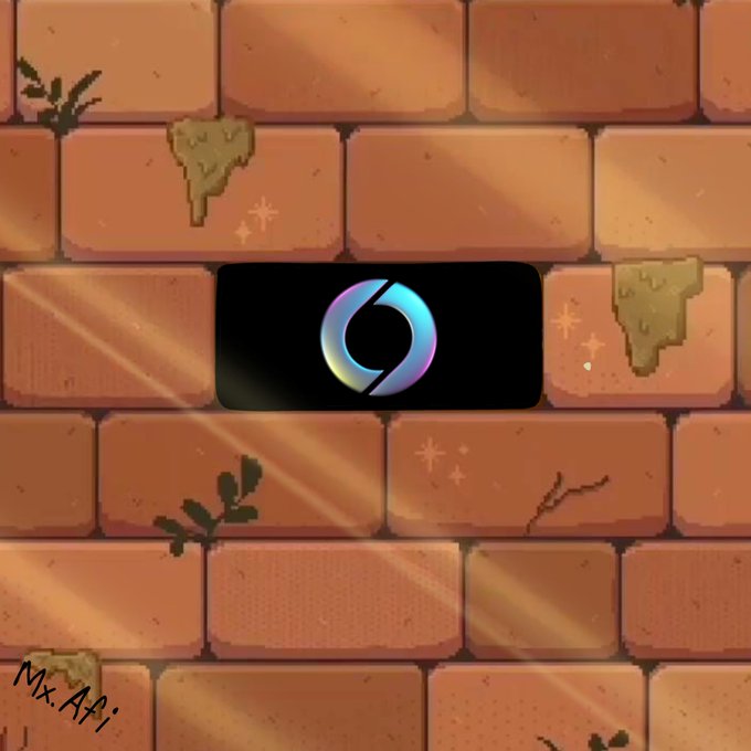 A pixelated brick wall backdrop features an embedded black panel displaying the colorful, iridescent Soneium logo, while small green plants sprout from the mortar cracks and light rays streak diagonally across the scene, visually echoing the post's theme of "building block by block" in a digital, creative landscape, with the artist's signature "Mx.ARI" visible in the bottom left corner.