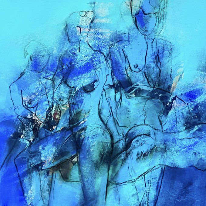 An abstract painting in vibrant shades of blue and turquoise with dark, flowing lines and textured brushstrokes.