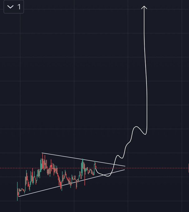 A crypto or stock price chart shows a long period of sideways consolidation within a tightening symmetrical triangle pattern, followed by a sharp vertical breakout to the upside, with a hand-drawn arrow emphasizing the explosive move. The chart's "1" label and minimalist dark styling suggest it's a single chart shared as a teaser, fitting the post's claim that a quant flagged a premium breakout setup.