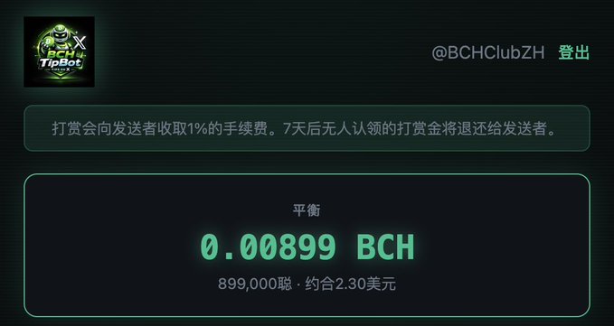 A screenshot of a TipBot interface from @BCHClubZH (login) displaying a balance of 0.00899 BCH (899,000聪, approximately $2.30) with a notice about a 1% transaction fee on tips and a 7-day refund policy.