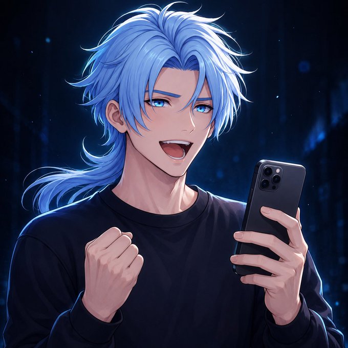 A blue-haired anime character excitedly looks at his smartphone with a triumphant fist pump, capturing the energetic and positive "gm" (good morning) sentiment often shared in crypto communities.