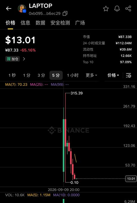 A Binance trading chart for a token named "LAPTOP" (0xb095...b6ec29) showing a price of "$13.01" with a dramatic "-65.16%" drop from "¥87.33" on the 5-minute timeframe.