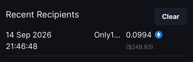 A "Recent Recipients" panel displays a transaction of 0.0994 ETH (approximately $249.93) sent to "Only1..." on 14 Sep 2026 at 21:46:48, with a "Clear" button in the top right corner, confirming the ~$250 MetaWin payout to @Goodynesss mentioned in the post.