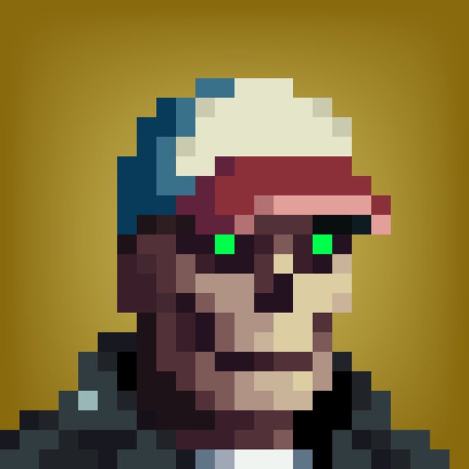 A pixel art portrait depicts a man with glowing green eyes wearing a red and white cap against a mustard yellow background.