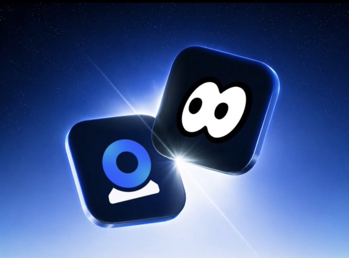 Two dark app icons with glowing blue edges float against a starry blue background—one featuring a blue webcam/camera symbol and the other a stylized white "pe" letterform on a black face. The icons visually represent Prophet Market's prediction market technology being integrated into various front-end platforms, as referenced in the accompanying post about expanding market creation features across trading venues.