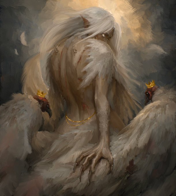 A dark, painterly artwork depicting a pale, winged figure surrounded by smaller crowned creatures in a shadowy setting.