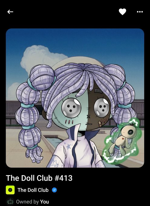 A digital art NFT titled 'The Doll Club #413' by The Doll Club, featuring a stitched-together doll character with button eyes, purple yarn braided hair, and a small voodoo doll companion.