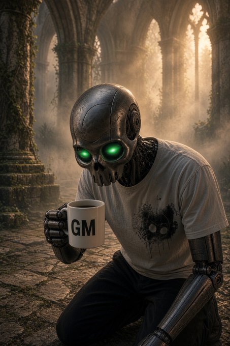A skeletal robot with glowing green eyes kneels in a misty gothic ruin, wearing a white t-shirt with a skull graphic and holding a mug labeled 'GM'.