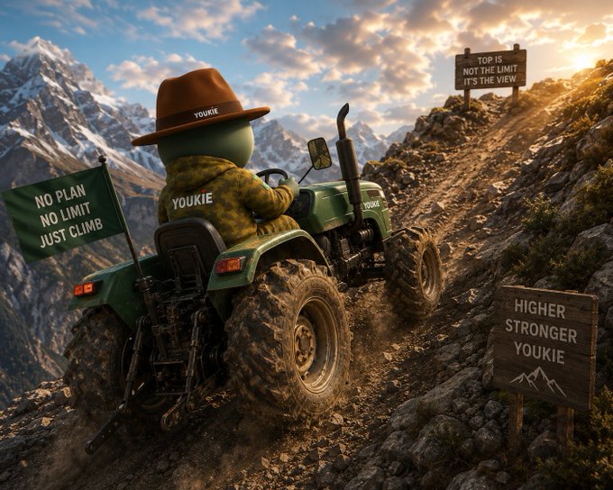 A character wearing a cowboy hat labeled 'YOUKIE' rides a green tractor up a mountain path, with signs reading 'NO PLAN NO LIMIT JUST CLIMB', 'TOP IS NOT THE LIMIT IT'S THE VIEW', and 'HIGHER STRONGER YOUKIE'.