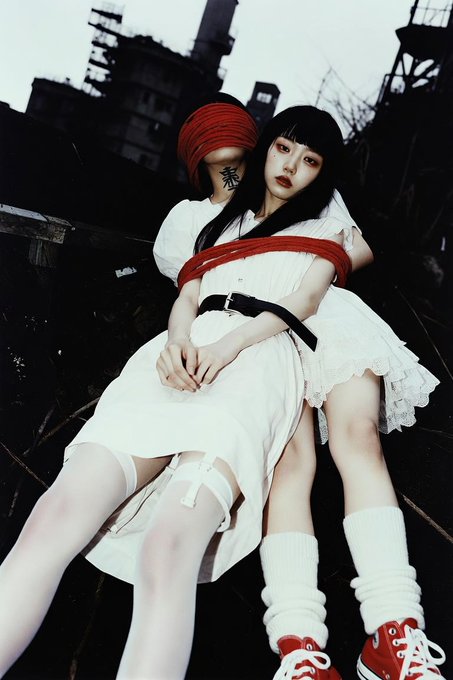 A stylized photo of a woman wearing a red head covering and white dress, with a black belt, white stockings, and red sneakers, posing in an industrial setting.
