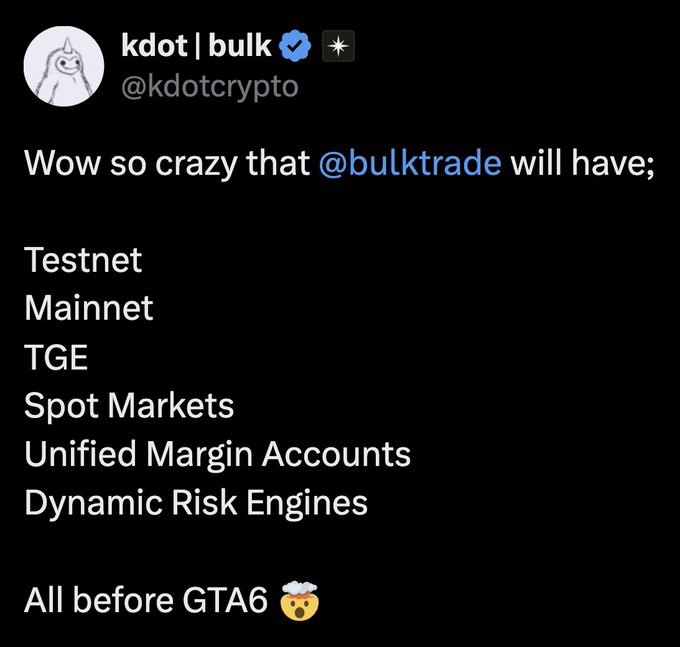 !!!WOW!!! tweet from Kdot I Bulk about a new testnet for TGE spot markets and united margin accounts, with a funny face emojis.