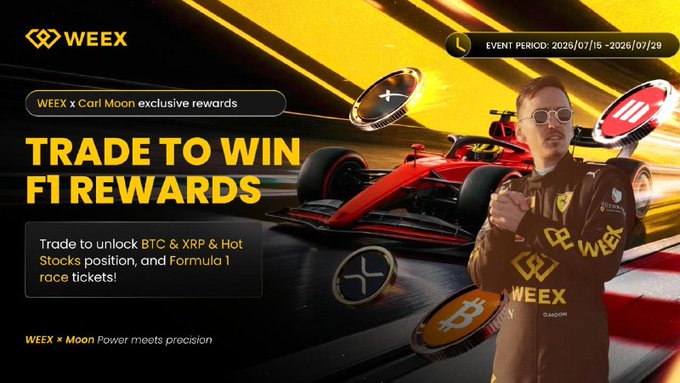 WEEX promotional advertisement for a 'Trade to Win F1 Rewards' event running July 15-29, 2026, featuring exclusive rewards with Carl Moon and offering BTC, XRP, and Hot Stocks positions plus Formula 1 race tickets.