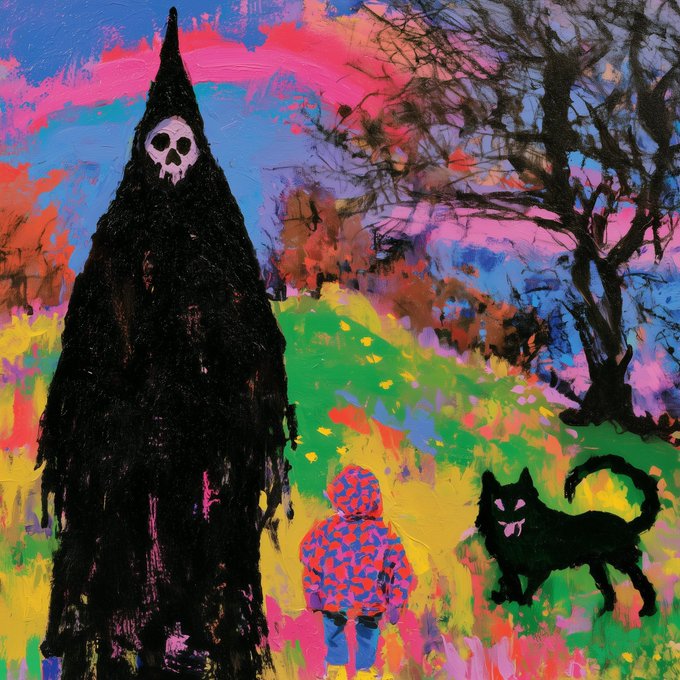 A small child in a vibrant, multicolored hooded jacket stands in a bright, expressionistic landscape alongside a black cat, facing a towering Grim Reaper figure with a white skull face, symbolizing the child confronting mortality in a whimsical yet poignant scene that matches the auction piece "The One Death Could Not Take."