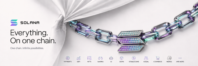 A Solana cryptocurrency promotional banner reading 'SOLANA Everything. On one chain. One chain. Infinite possibilities.' with icons for Payments, DeFi, NFTs, Gaming, AI, DePIN, Stablecoins, Social, Commerce, and Memes.
