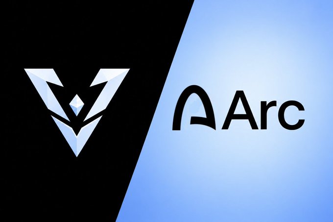 A split black and blue graphic displays a stylized 'V' logo alongside the word 'Arc', representing the Arc browser.