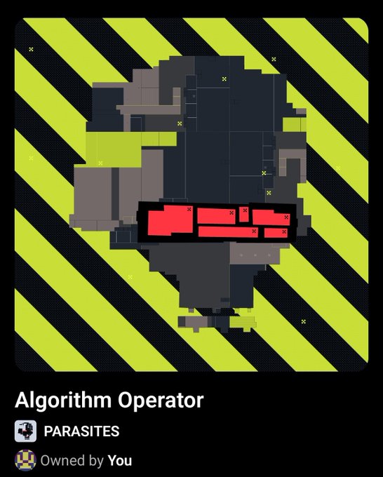 A digital trading card titled "Algorithm Operator" from the "PARASITES" collection, marked "Owned by You," features pixelated gray and black geometric shapes with red accents against a neon yellow and black hazard-striped background, commemorating a newly minted NFT.