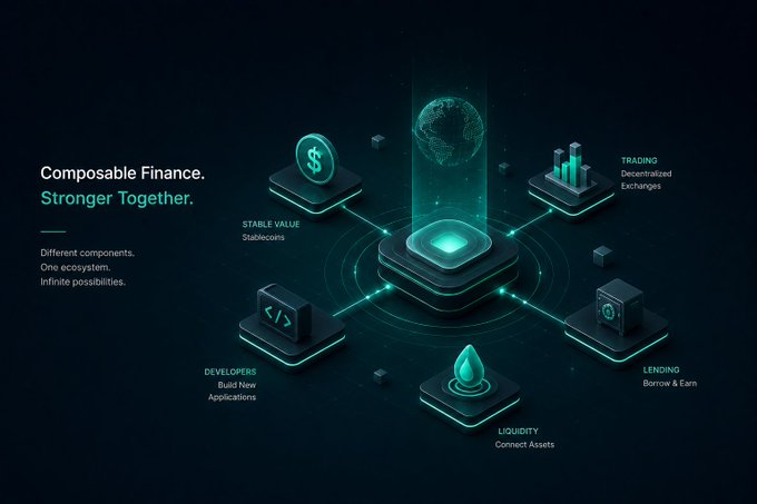A dark-themed infographic titled 'Composable Finance. Stronger Together.' showing an isometric diagram connecting components like Stable Value (Stablecoins), Trading (Decentralized Exchanges), Lending (Borrow & Earn), Liquidity (Connect Assets), and Developers (Build New Applications).