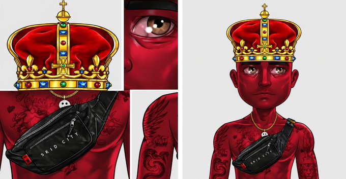 Digital artwork showing a red-skinned character wearing a gold crown with jewels and a black fanny pack labeled 'SKID CITY'.