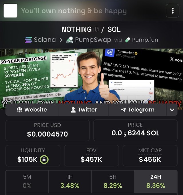 A cryptocurrency screenshot for a token called 'NOTHING' paired with SOL on Solana via PumpSwap/Pump.fun, themed 'You'll own nothing & be happy', showing a price of $0.0004570, liquidity of $105K, FDV of $457K, and market cap of $456K.
