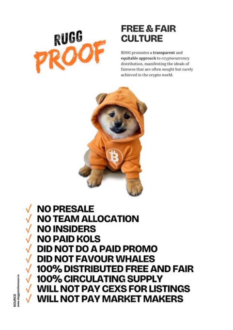 A "RUGG PROOF" promotional graphic for $DOG cryptocurrency featuring a Shiba Inu puppy in an orange Bitcoin hoodie, highlighting their "Free & Fair Culture" with bullet points emphasizing no presale, no team allocation, no paid KOLs, and 100% distributed free and fair—aligning with the post's morning family greeting to reinforce the token's transparent and community-focused ethos.