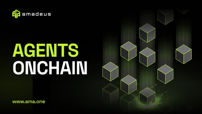 A black promotional graphic for 'amadeus' displays 'AGENTS ONCHAIN' in green and white text, accompanied by 3D cubes and the URL 'www.ama.one'.