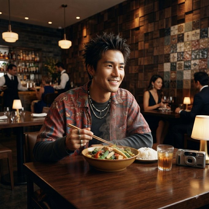 A smiling young man with spiky hair and a patterned shirt eating from a wooden bowl with chopsticks in a warmly lit, upscale restaurant, with a silver digital camera on the table.