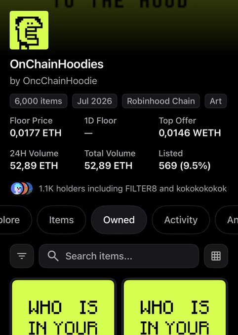 Screenshot of the OnChainHoodies NFT collection on Robinhood Chain showing 6,000 items, a floor price of 0.0177 ETH, 24H volume of 52.89 ETH, and 1.1K holders including FILTER8 and kokokokokok.