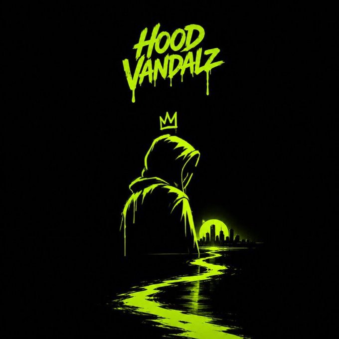 A neon yellow and black graffiti-style illustration titled 'HOOD VANDALZ' depicting a hooded figure with a crown floating above against a city skyline and river.