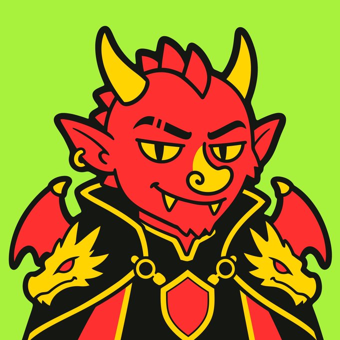 A cartoon illustration of a red devil character with yellow horns, fangs, and golden dragon-head shoulder armor on its black cape, set against a bright green background.