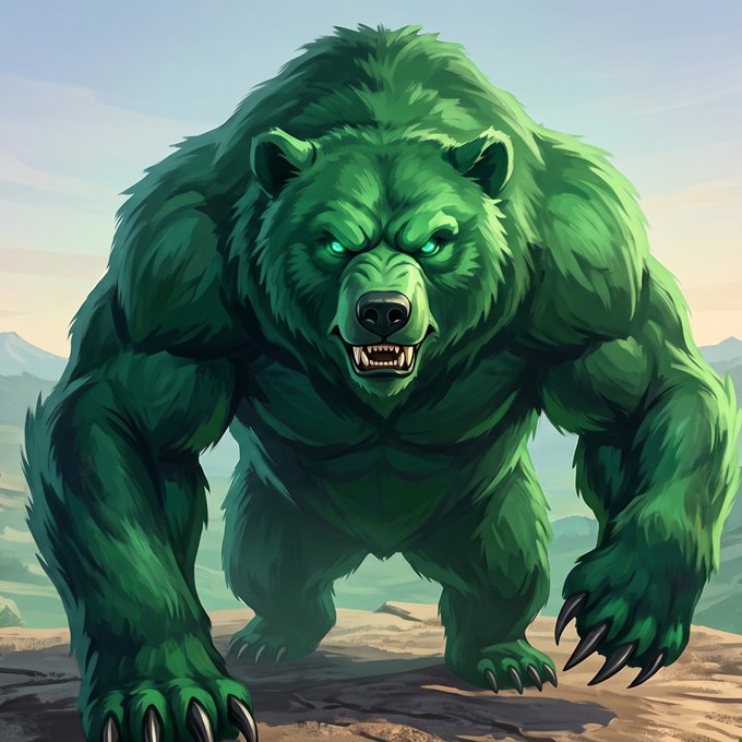A massive, menacing green bear with glowing blue eyes and sharp claws stands on a rocky landscape, snarling aggressively. The illustration visually represents the "$PENSION" token mentioned in the post, embodying the "green bear" meme that emerged in response to the "black bull" narrative.