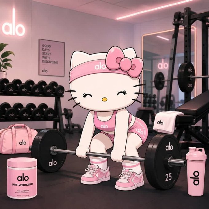 Hello Kitty is shown lifting a 25-pound barbell in an Alo-branded gym, surrounded by pink fitness gear, pre-workout supplements, and a "Good Days Start With Discipline" poster—metaphorically building the "strengths of conviction" referenced in the post.