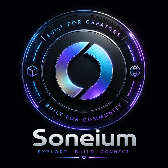 A circular emblem with the text 'BUILT FOR CREATORS' and 'BUILT FOR COMMUNITY' around a stylized 'S' logo, with the word 'Soneium' and tagline 'EXPLORE. BUILD. CONNECT.' below.