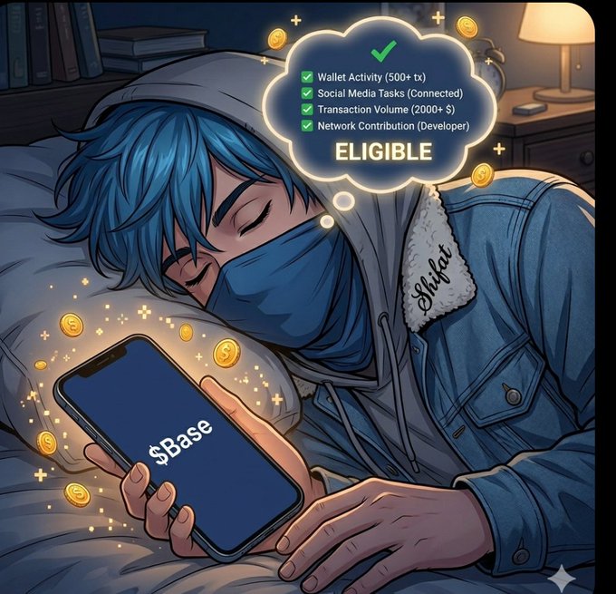 The image features a blue-haired person wearing a hoodie with the word "base" written on their shirt. They are holding a cell phone and appear to be asleep or resting. The background of the image shows a bed, suggesting that this scene takes place in someone's bedroom. The post appears to be about a dream where the person wakes up to an email notification stating they are "eligible". This message is related to the concept of social media tasks being completed by connecting with others online and potentially receiving rewards or benefits for doing so.
