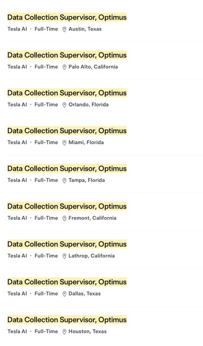 A screenshot of job listings displays multiple 'Data Collection Supervisor, Optimus' positions at Tesla AI across various cities, including Austin, Palo Alto, Orlando, Miami, Tampa, Fremont, Lathrop, Dallas, and Houston.